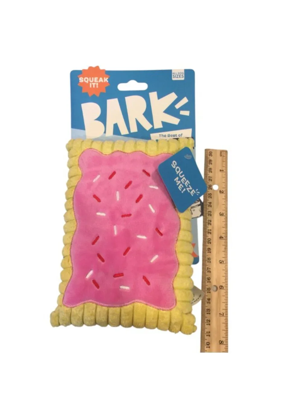 BARK Toaster Poodle Plush Pastry Shaped Squeak Dog Toy Yellow Pink